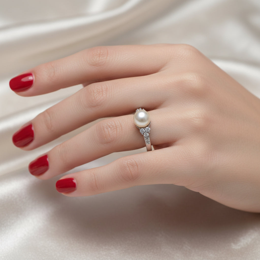 Bague Ancienne - Or blanc - Perle de culture et Diamants