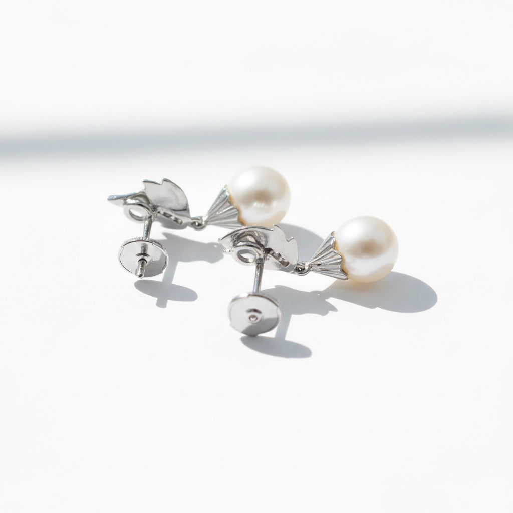 Boucles d’oreilles - Feuillage - Or blanc - Diamants et perles de culture