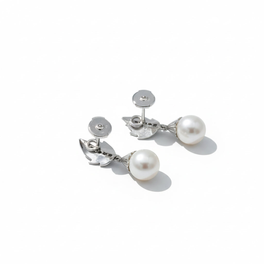 Boucles d’oreilles - Feuillage - Or blanc - Diamants et perles de culture