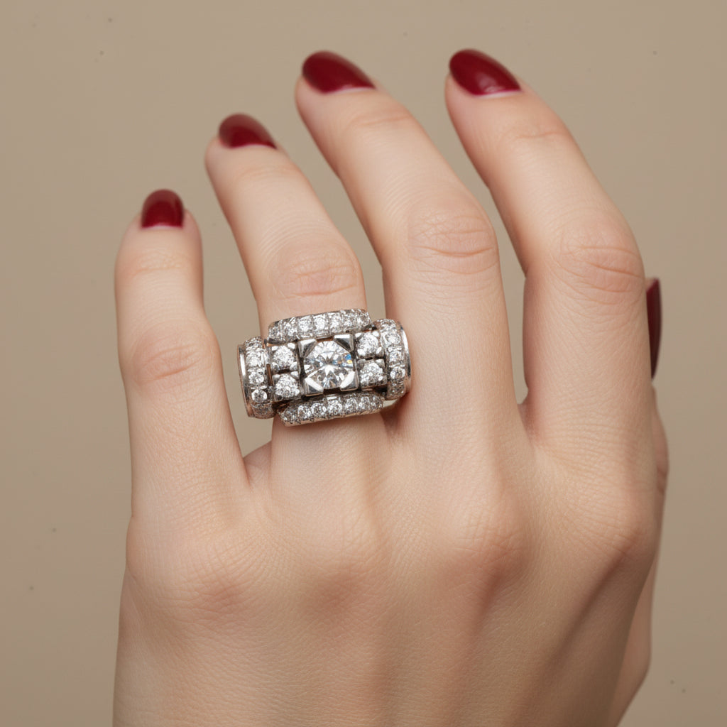 Art Déco - Bague - Or blanc et Diamants 1,20 carats