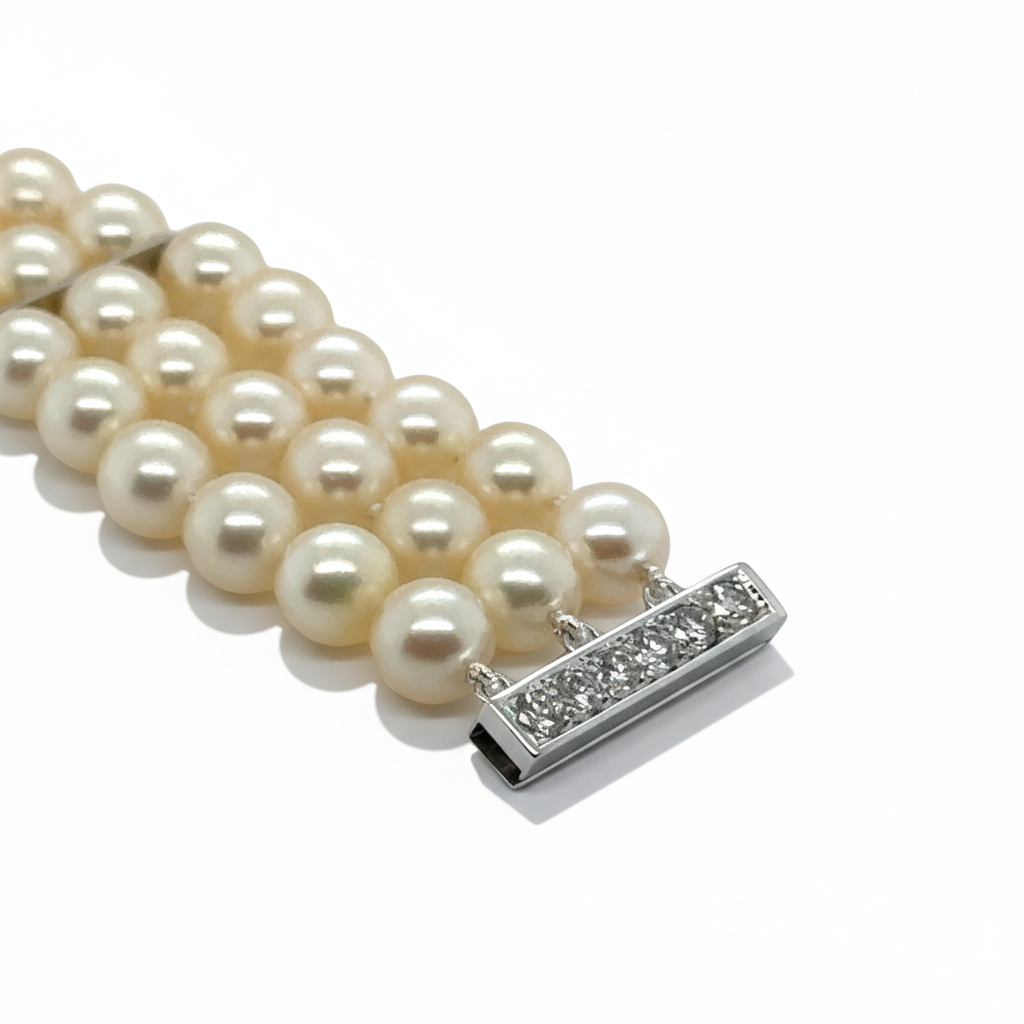 Bracelet de perles de culture - 3 rangs - Or blanc et diamants