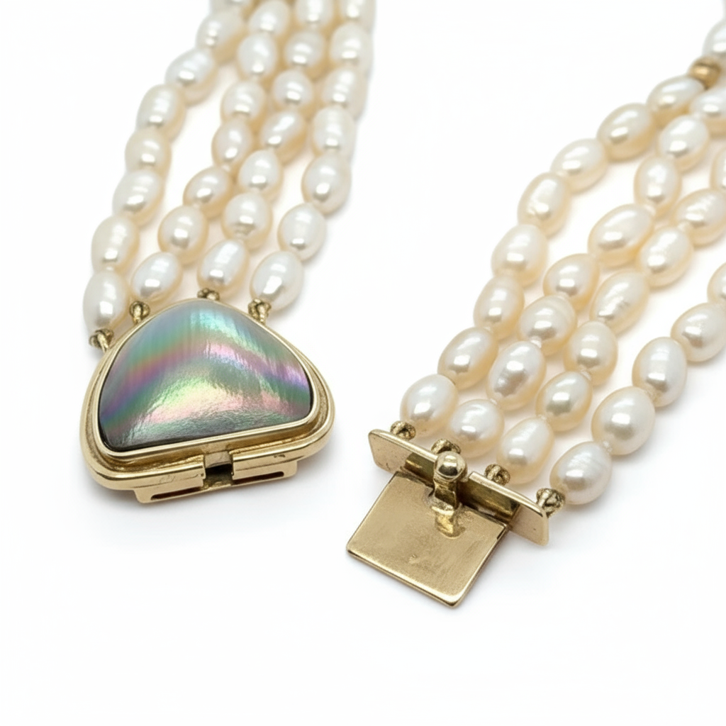 Vintage - Collier Ras de cou or Jaune et Perles de culture Baroque