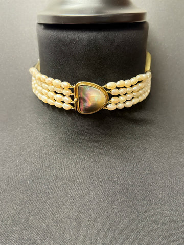 Vintage - Collier Ras de cou or Jaune et Perles de culture Baroque