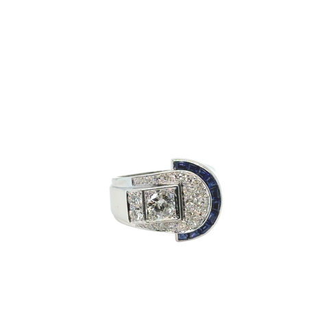 Art Déco - Bague Platine - Saphirs et Diamants