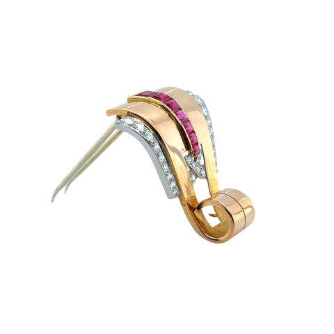 Broche Or jaune - Diamants et Rubis - Année 40