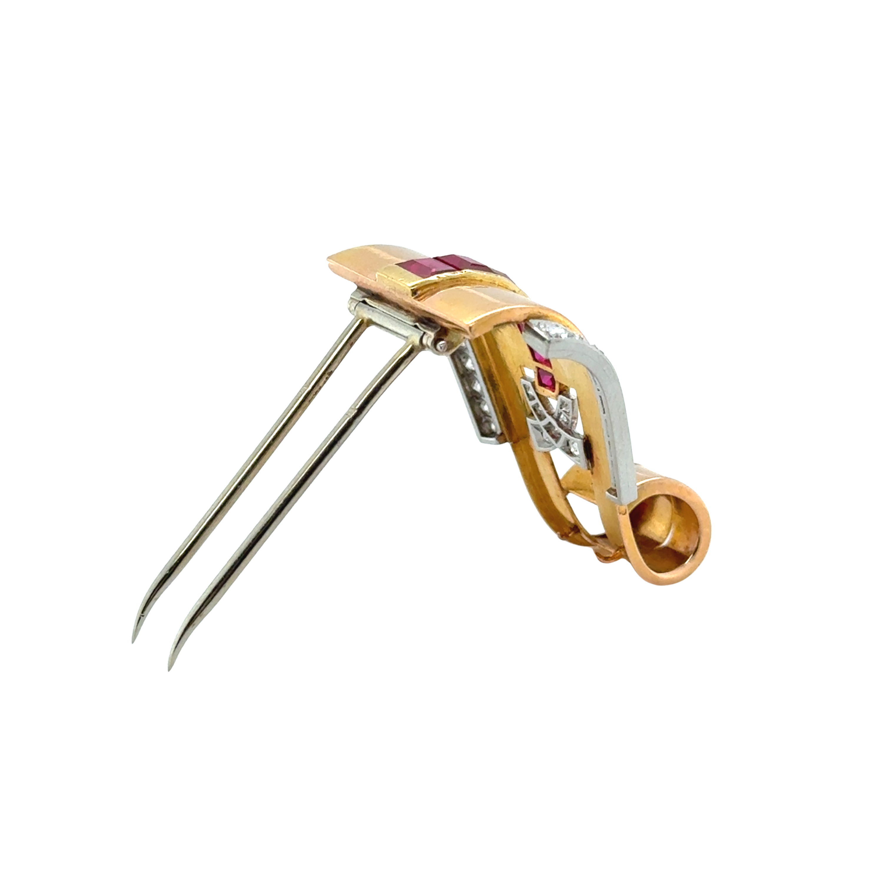 Broche Or jaune - Diamants et Rubis - Année 40