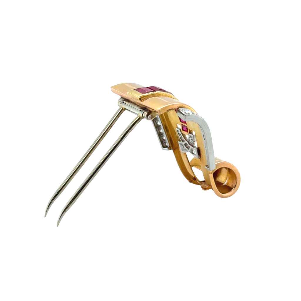 Broche Or rose - Diamants et Rubis - Année 40
