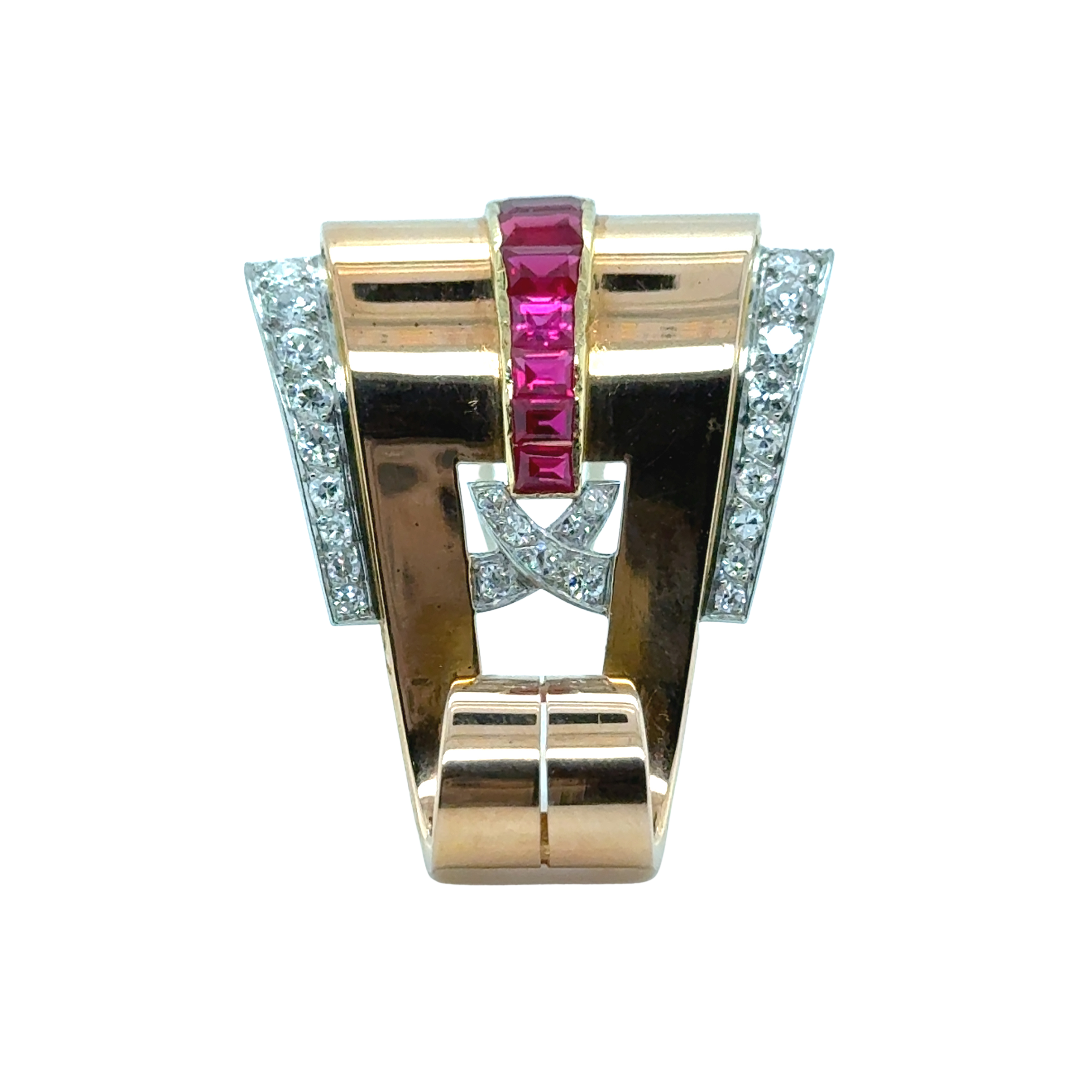 Broche Or jaune - Diamants et Rubis - Année 40