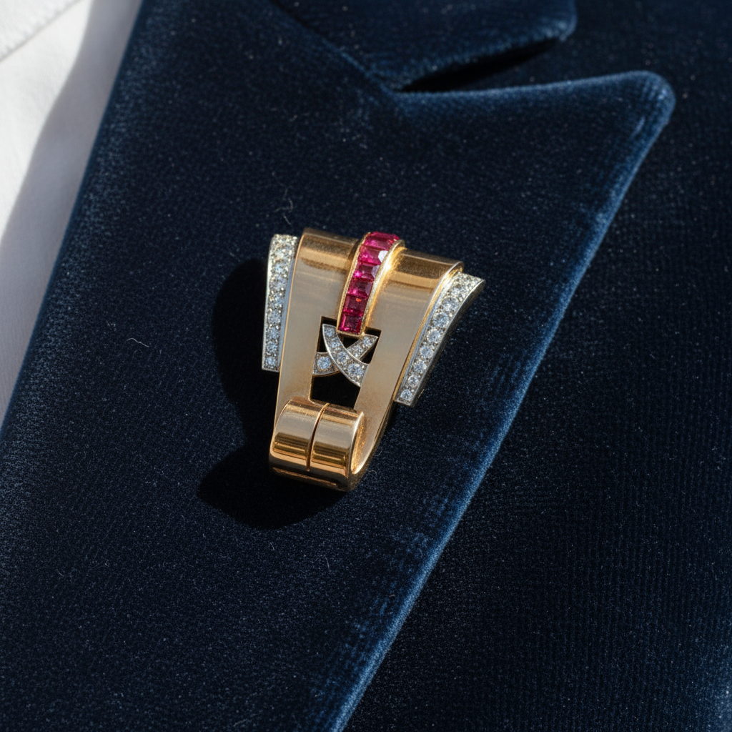 Broche Or rose - Diamants et Rubis - Année 40