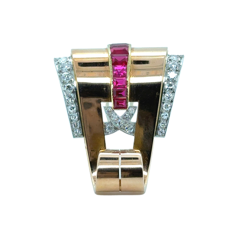 Broche Or jaune - Diamants et Rubis - Année 40