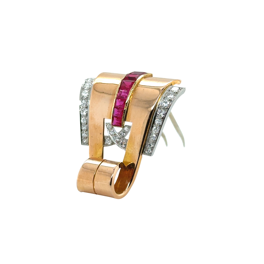 Broche Or rose - Diamants et Rubis - Année 40