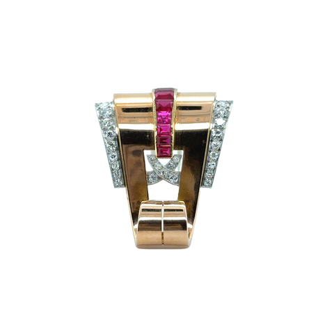 Broche Or jaune - Diamants et Rubis - Année 40