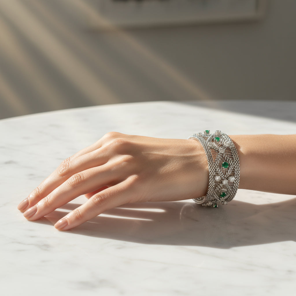 Vintage - Bracelet Or blanc - Diamants et Émeraudes