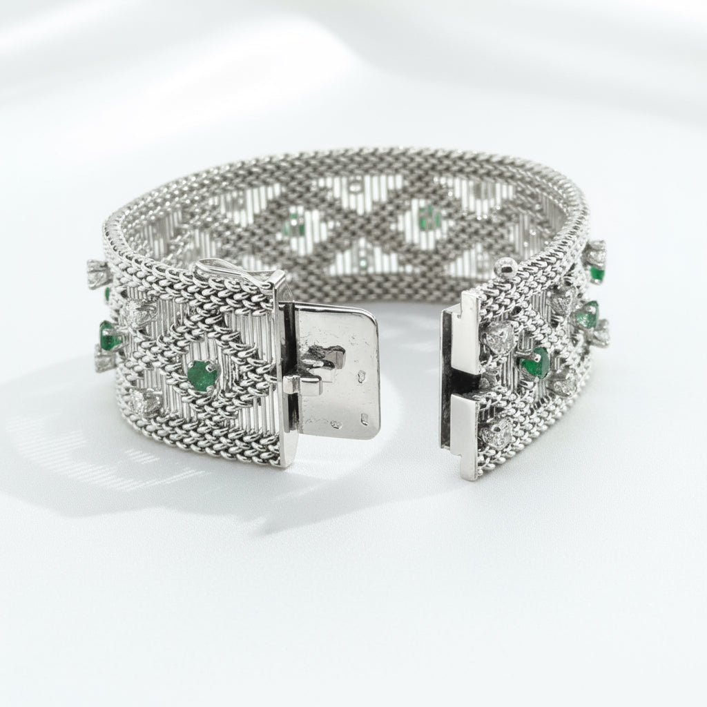 Vintage - Bracelet Or blanc - Diamants et Émeraudes