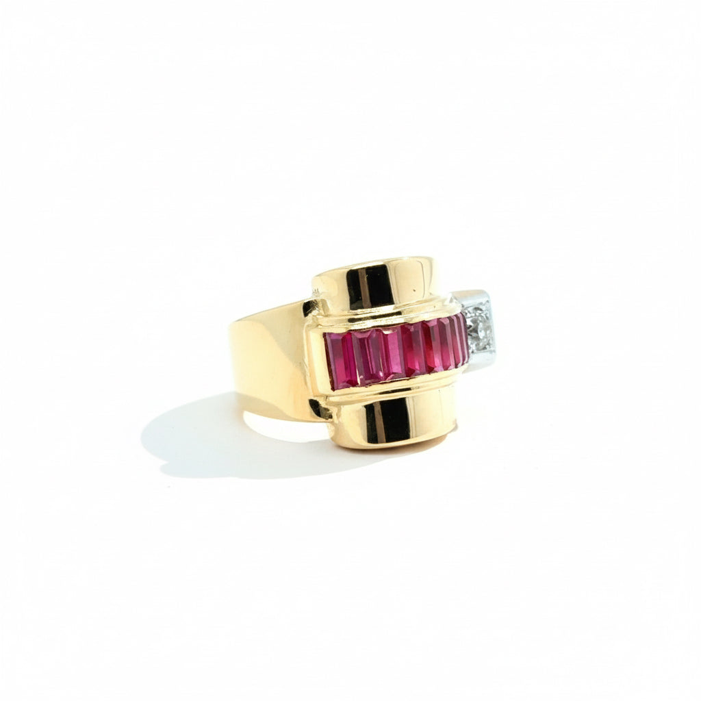 Bague Tank - Or Jaune - Diamants et Rubis