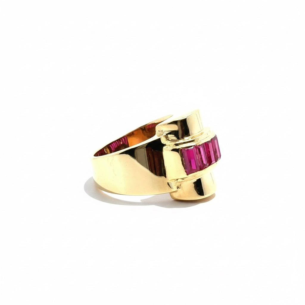 Bague Tank - Or Jaune - Diamants et Rubis