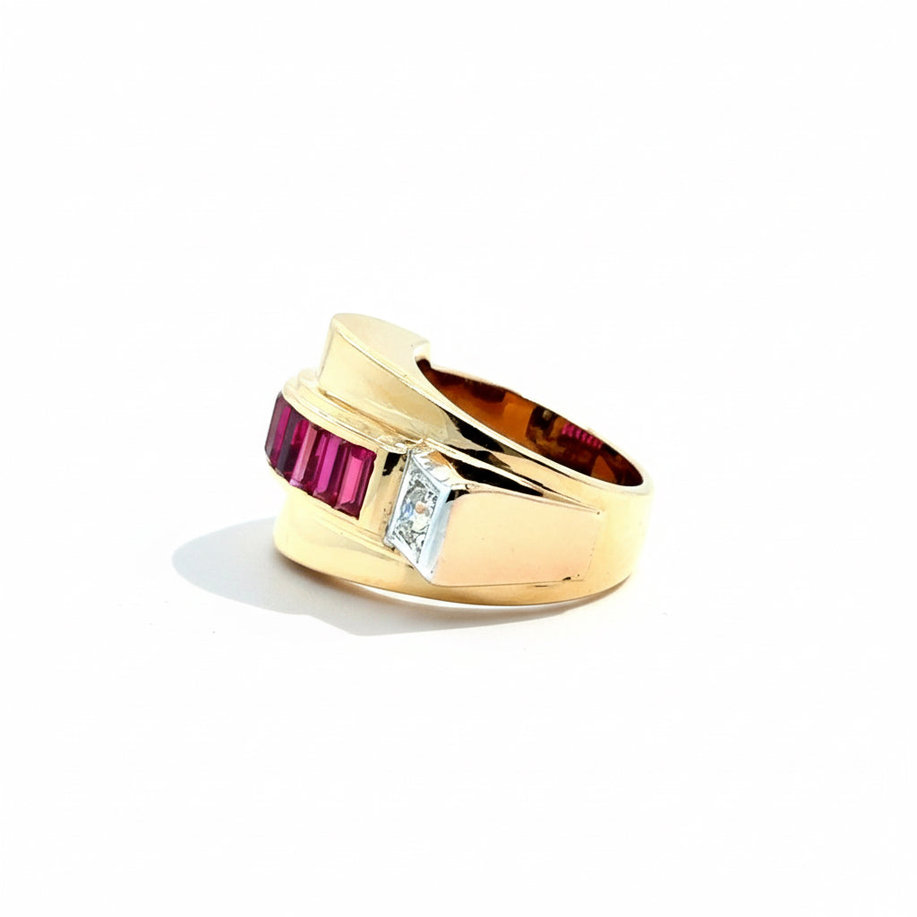 Bague Tank - Or Jaune - Diamants et Rubis