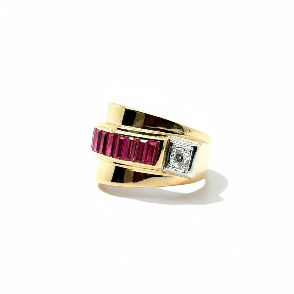 Bague Tank - Or Jaune - Diamants et Rubis