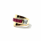 Bague Tank - Or Jaune - Diamants et Rubis
